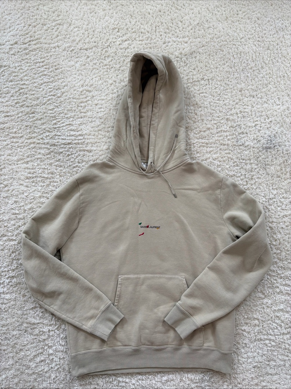 Saint Laurent Logo Hoodie Sweatshirt Beige Size M Paint Splatter